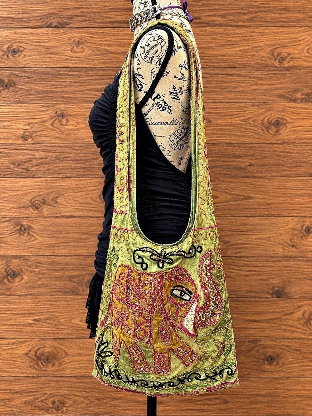 Embroidered Paisley Shoulder Bag in Green & Pink